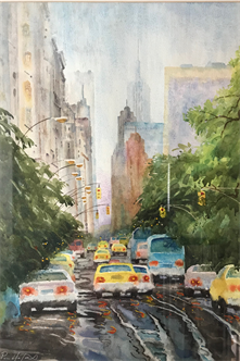 Vehicles in the Watercolor Cityscape